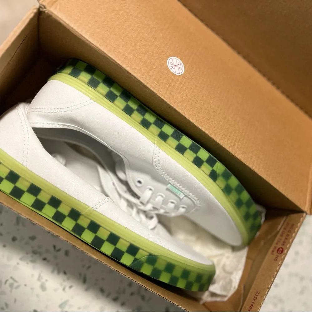 Vans White Canvas Sneakers with Green Checkerboard Sole